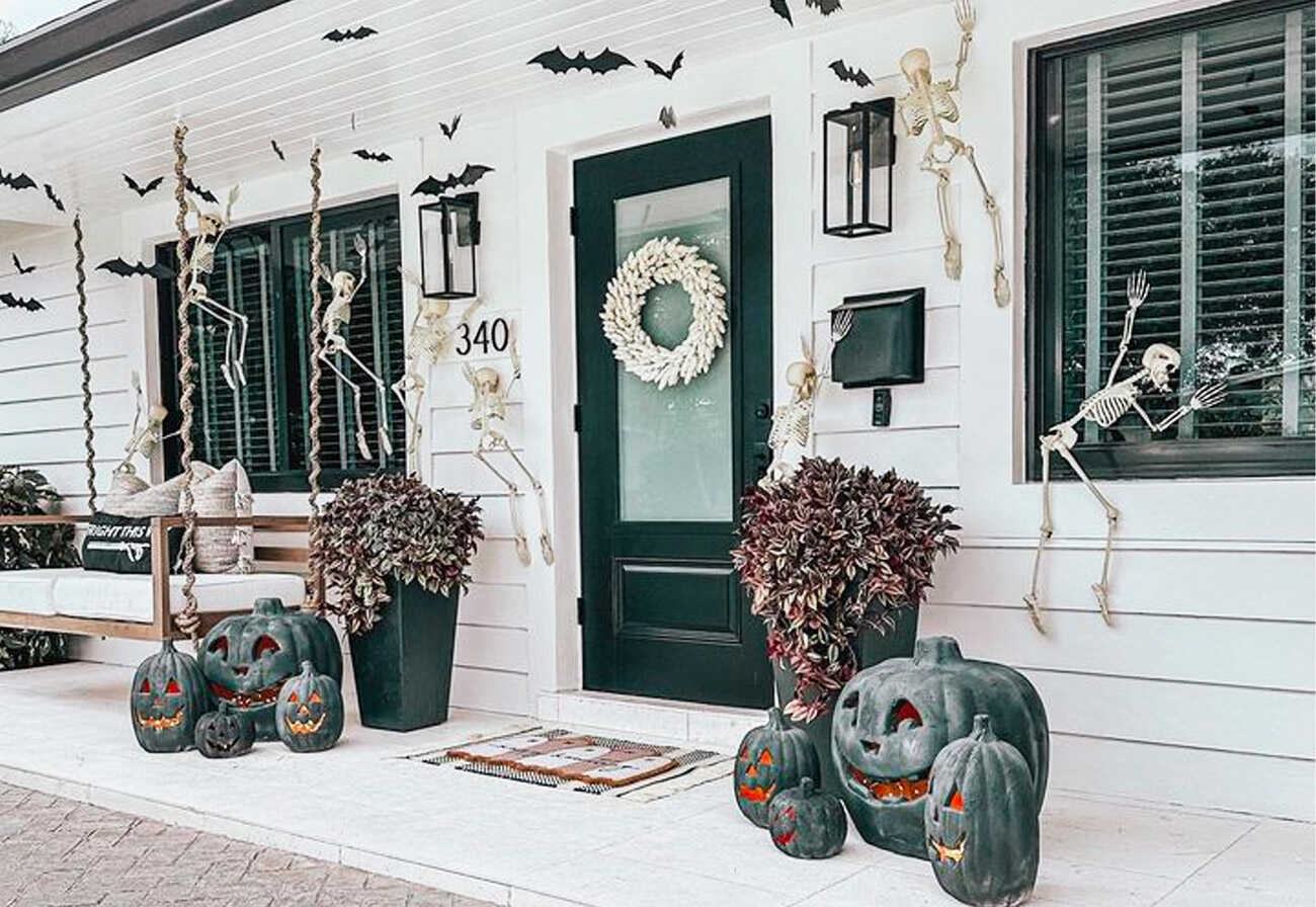 Front porch of a house decorated for Halloween.