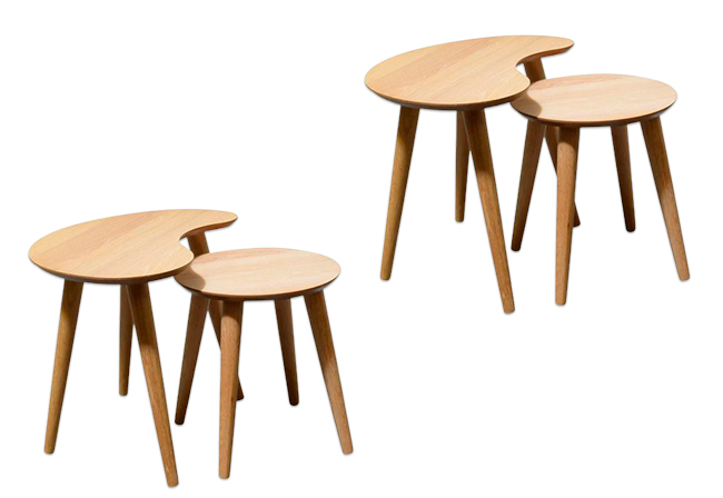 Two sets of curved wooden nesting tables.