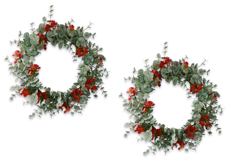 Eucalyptus and red flower Christmas wreath.