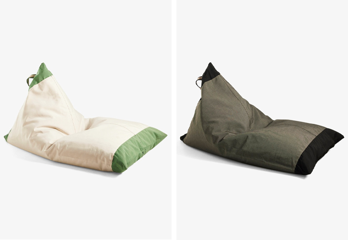 Basil Bangs Outdoor Bean Bags in sage and charcoal tweed.