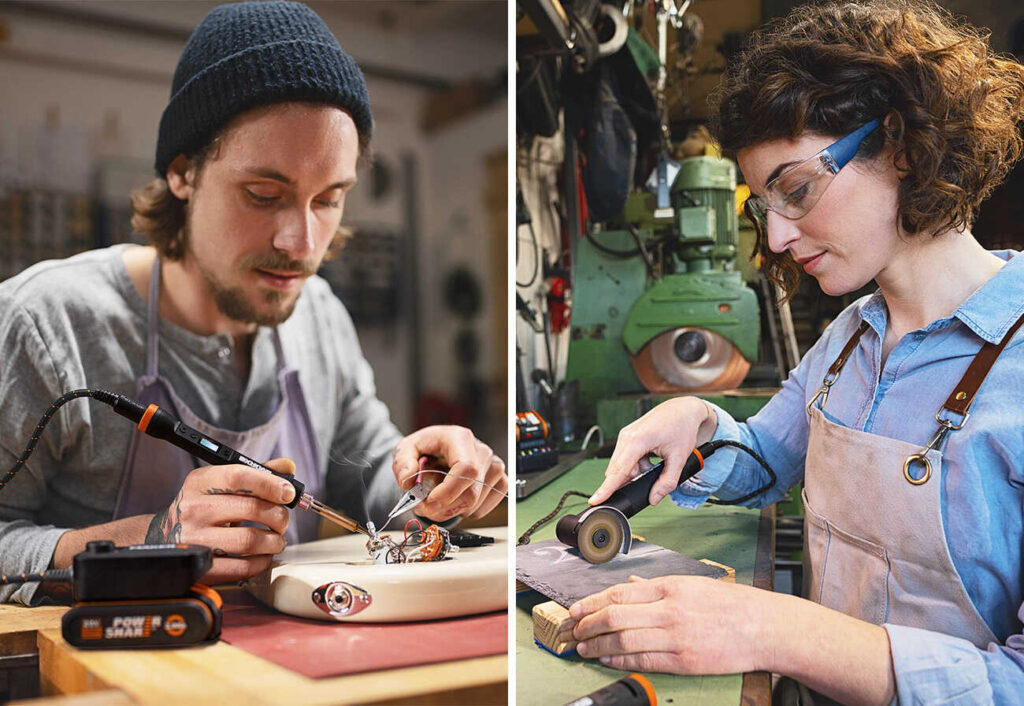 Worx tools in use by a man welding and a woman using an angle grinder.