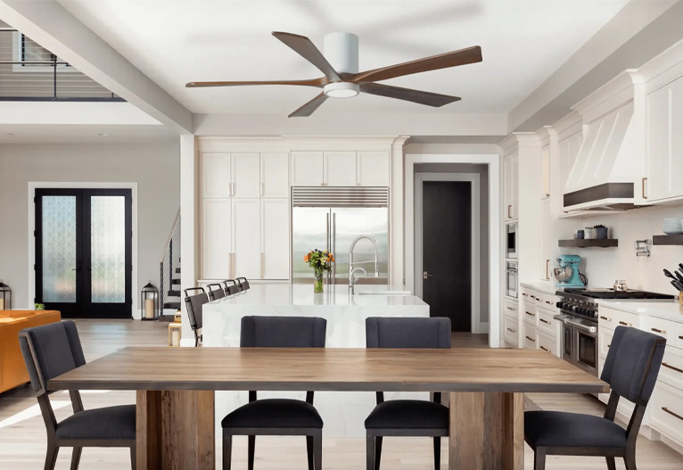 Dining area with a timber fans overhead.