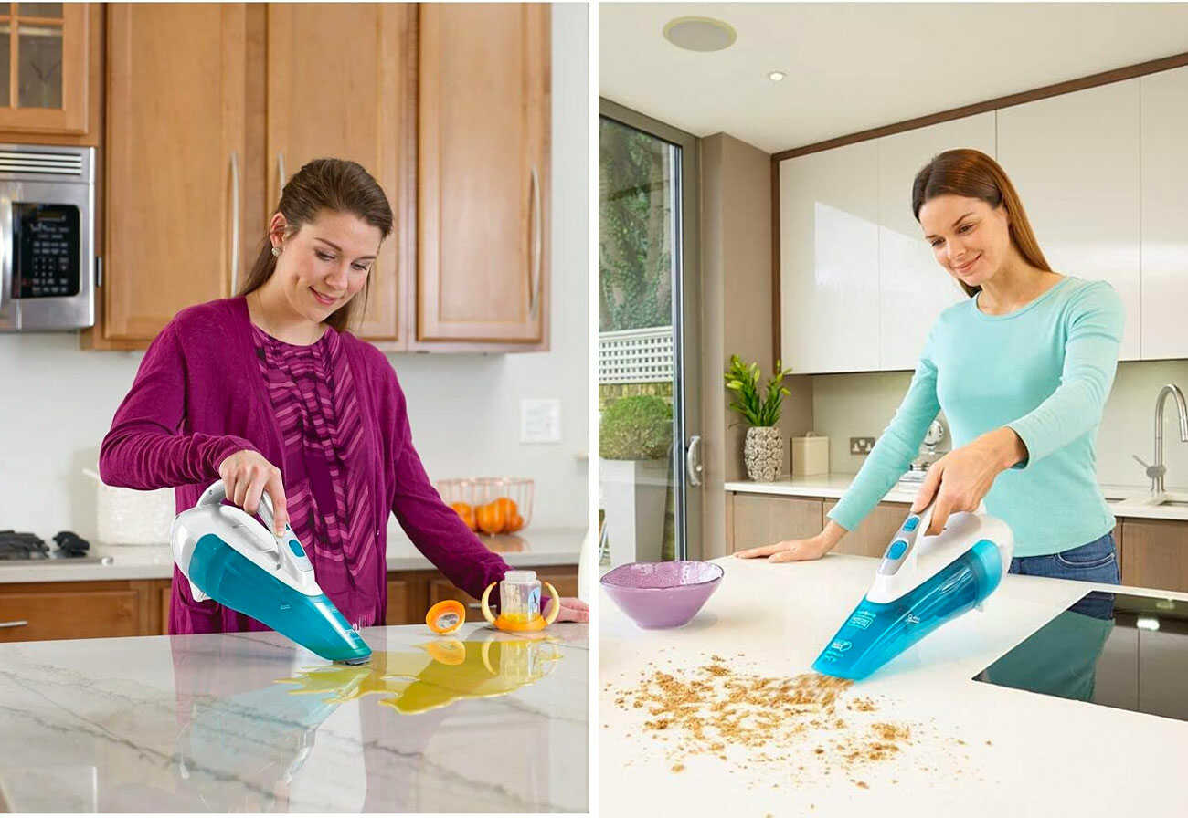 Two images of women using a wet and dry handheld vacuum to clean up spills on a bench.