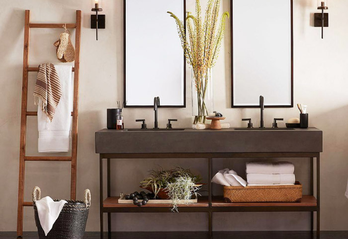 Rustic interior ladder in a bathroom next to a double vanity.