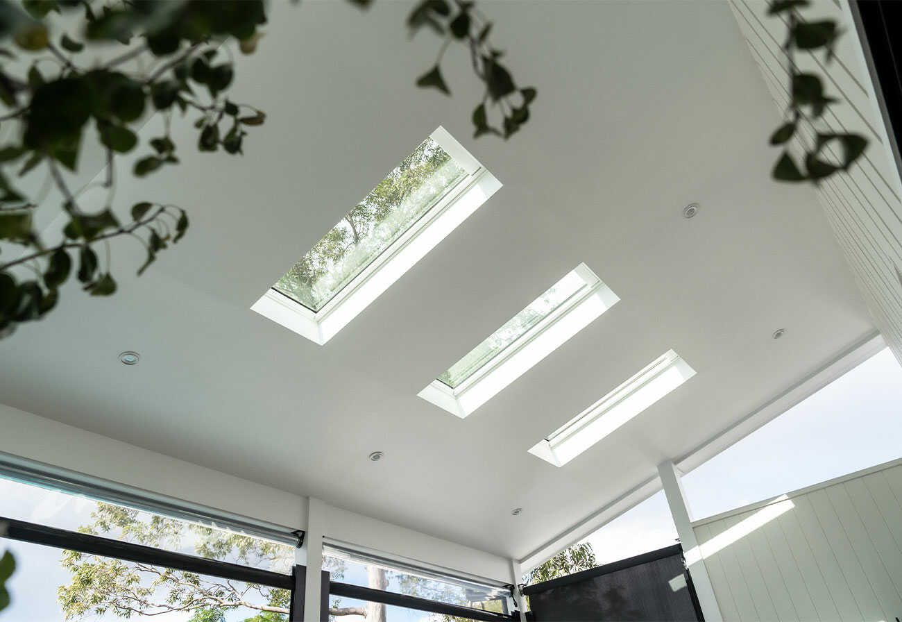 Three skylights above an alfresco area. 