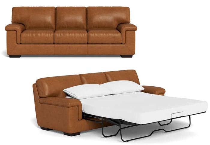 Freedom Barret tan leather sofa bed.