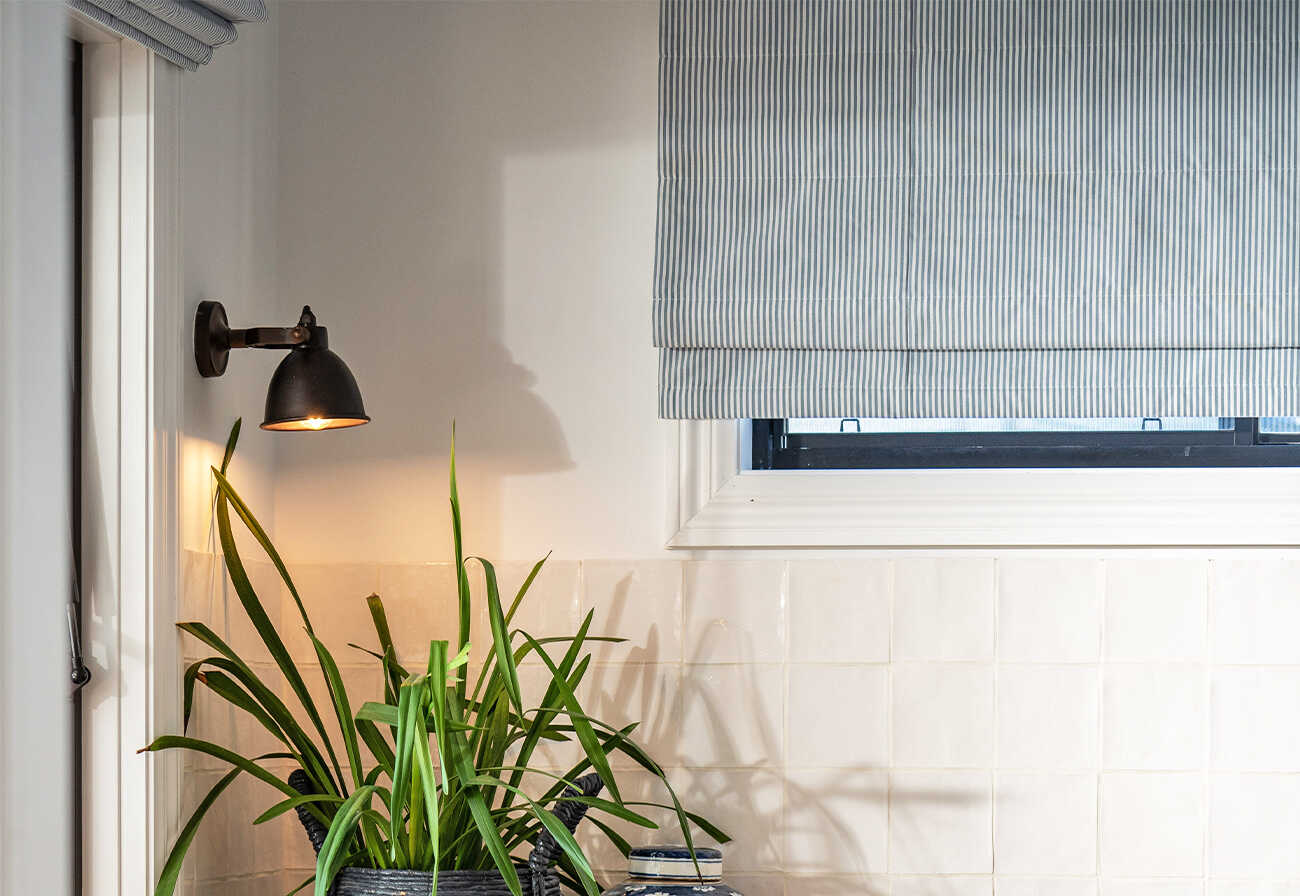 Laundry wall lamp shining on a pot plant.