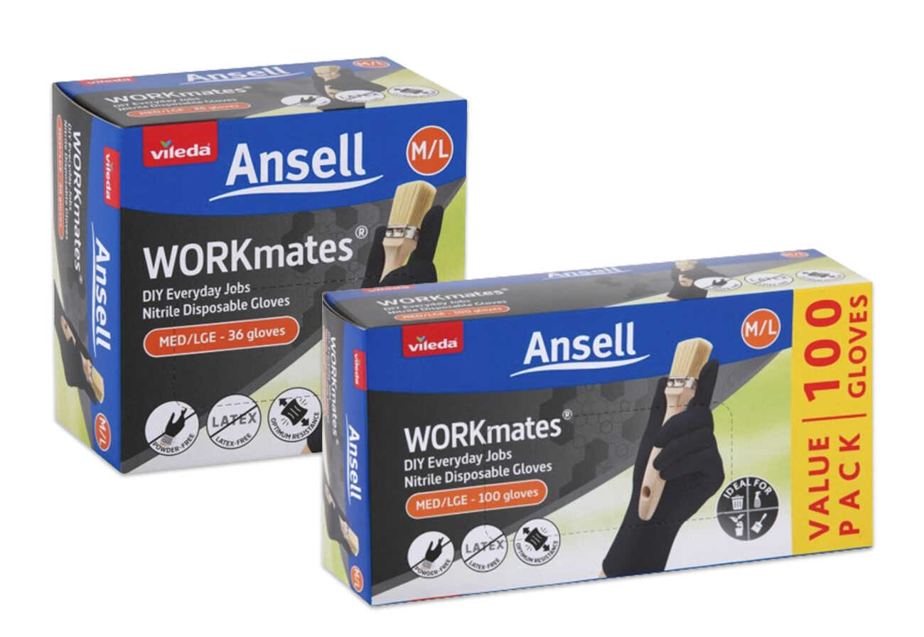 Vileda Workmates black nitrile gloves in packaging.