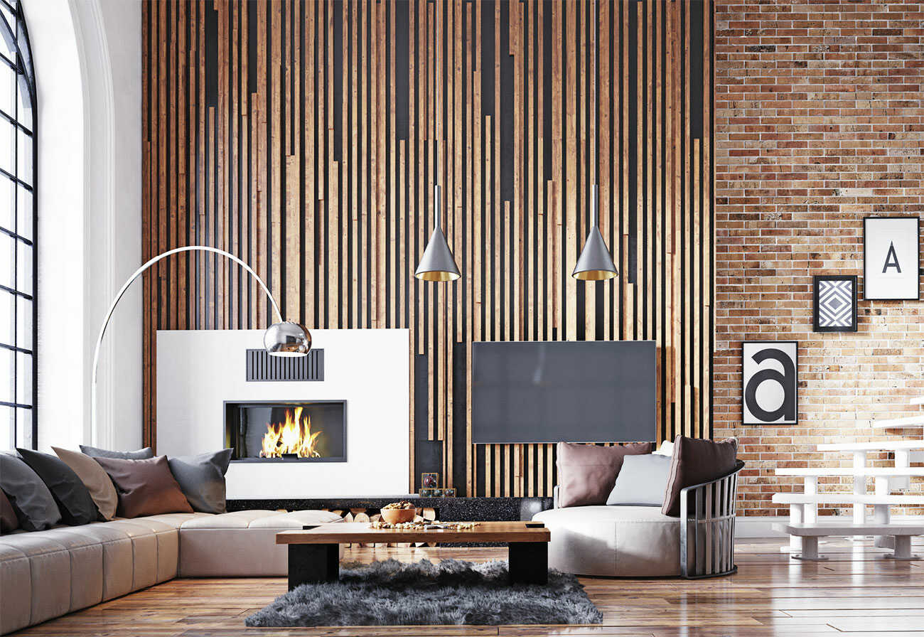 Modern living room with wooden feature wall and exposed brick.