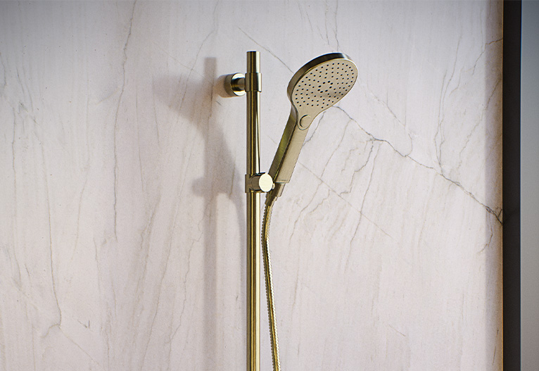 Lavish BubbleJET shower head in brushed brass.