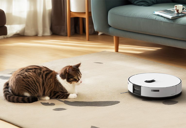 Cat looks at a robot vacuum on living room floor.