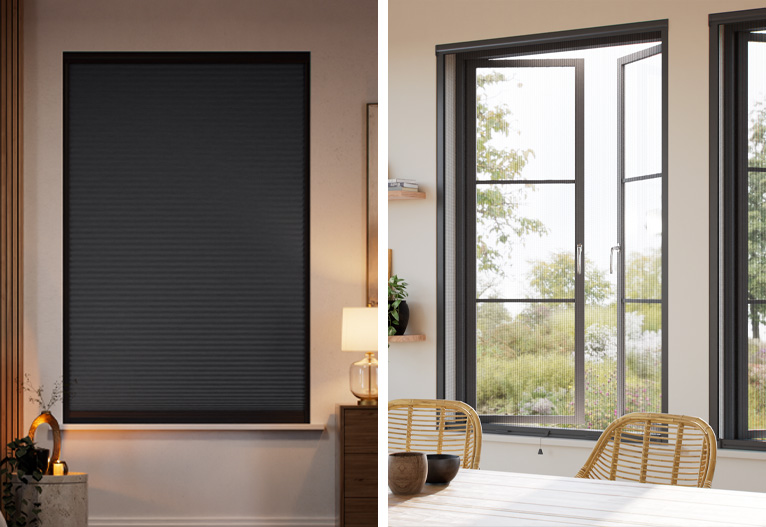 TUISS black roller blind and fly screen roller blind.