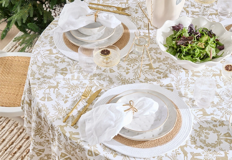 Christmas-themed table with dinnerware and tablecloth.