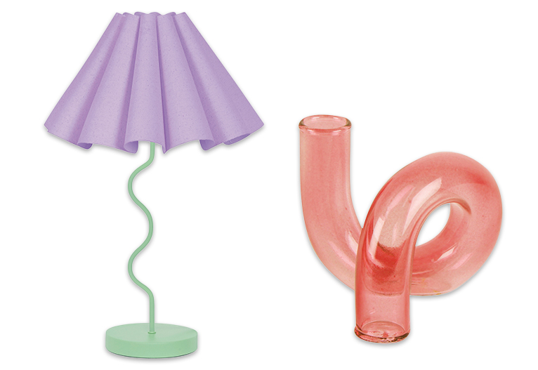 Purple table lamp and pink tubular vase.