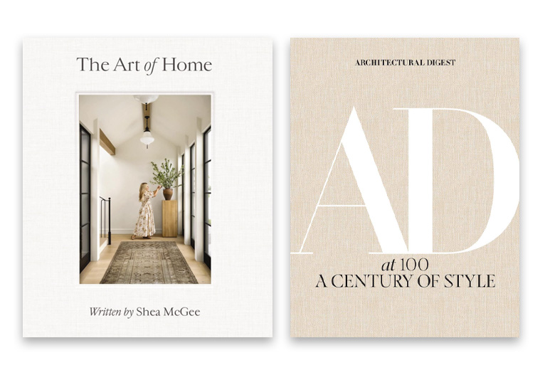 The Art of Home and Architectural Digest coffee table books.