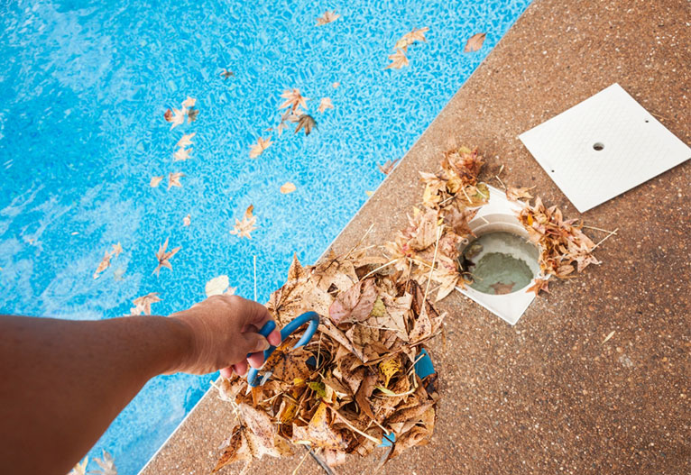 Person emptying pool debris basket.