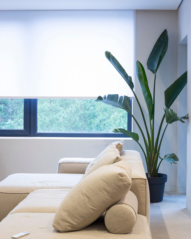 Living room with a roller blind.