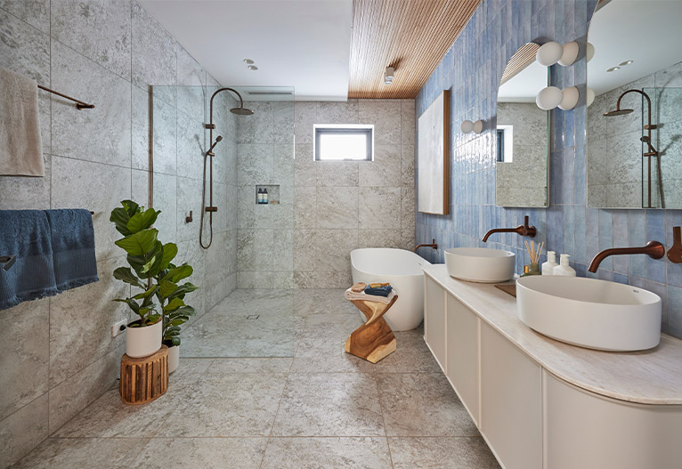 Modern bathroom with open rain shower.