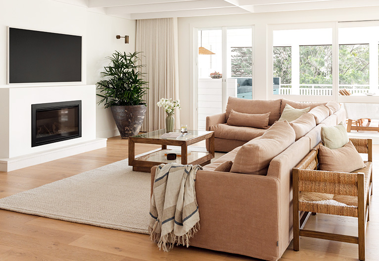 Maybe Forever lounge room with brown sofa.