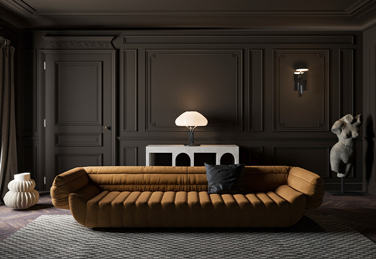 Dark moody interior living zone.