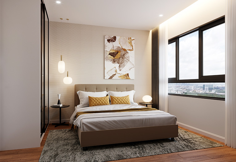 Modern apartment bedroom.