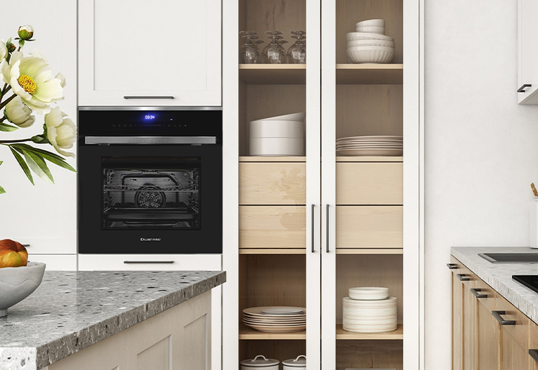 Kleenmaid Triple Combi Steam, Microwave, Convection Oven in a white kitchen.