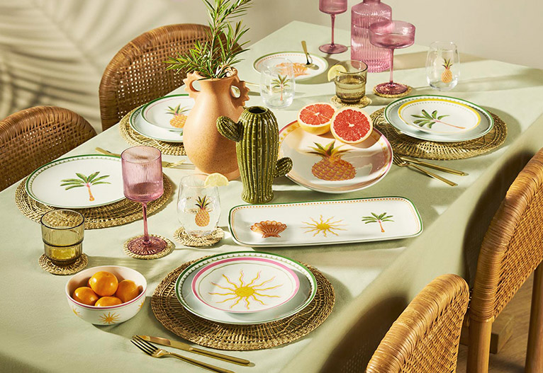 Big W tropical tableware on an outdoor table.