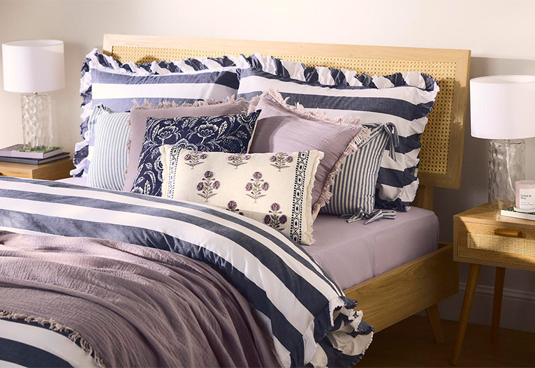 Big W Yarn Dye Frill Quilt Cover in navy stripe.