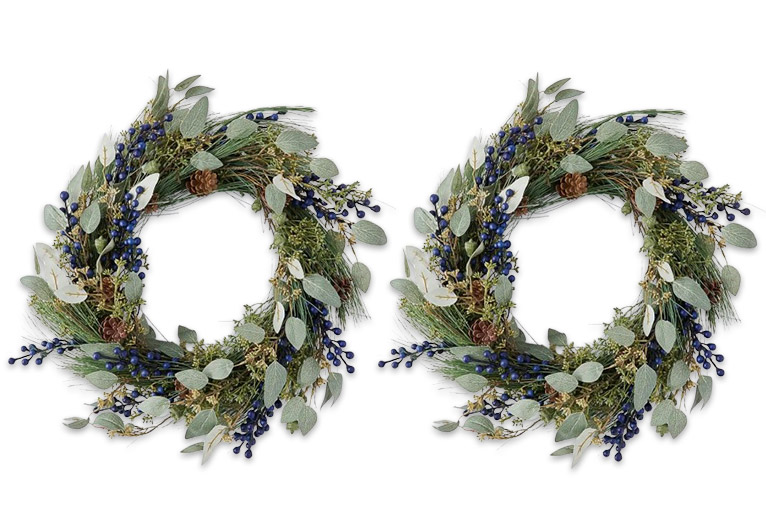 Mixed Native Leaf Wreath With Blue Berries And Pinecones.