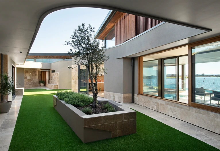 Modern home with central courtyard.