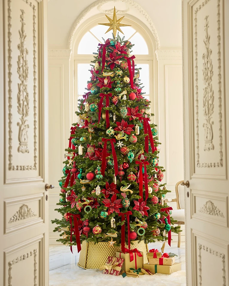 Balsam Hill Fraser Fir Christmas Tree viewed through a doorway.