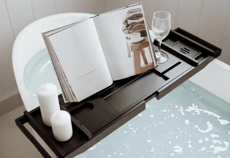 Serenity black bamboo bath caddy.