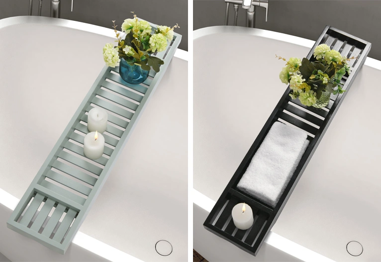 Sage green bamboo bath caddy.