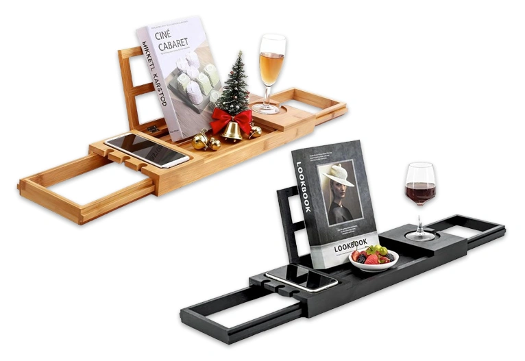 Bamboo extendable bath caddies in natural bamboo and black styles.