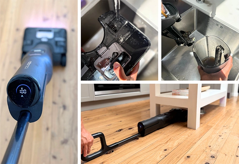 The Roborock F25 Ultra wet dry vacuum in use at a home.