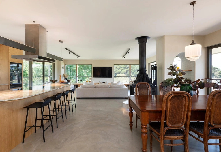 Modern living room and kitchen.