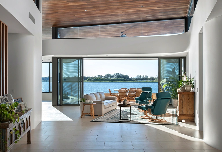 Newport Residence with view to water from living room.