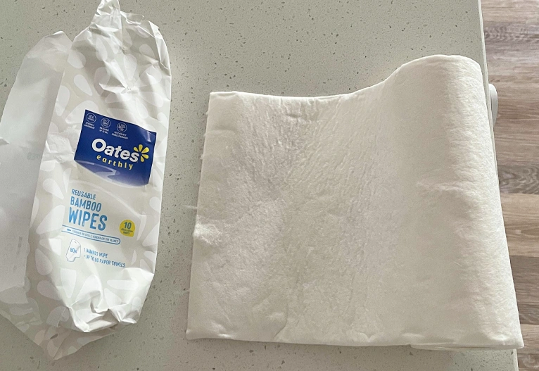 Reusable bamboo wipes on a bench top.