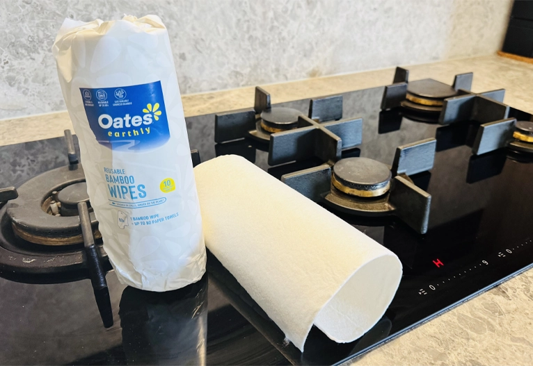 Oates Reusable Bamboo Wipes on a stovetop.