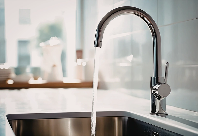 A kitchen tap running.